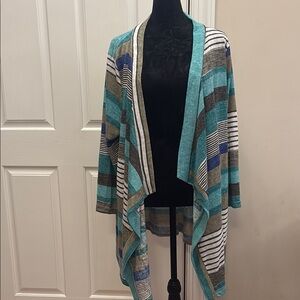 Dearcase Geometric Blue and Gray Cardigan Sweater with Open Front